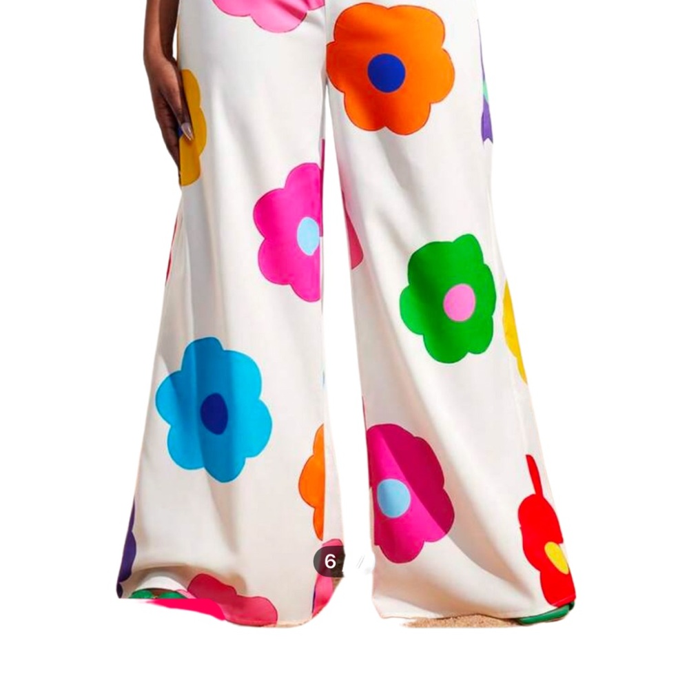 White and Blue Wide Leg Pants with Floral Print